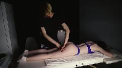 The girl moans loudly during the massage while her boyfriend is at work