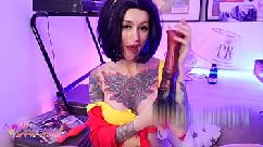 Flame jade cosplay enjoys huge dildos